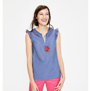 BODEN Laurie Sleeveless ruffle hem blue cotton blouse top size US 6